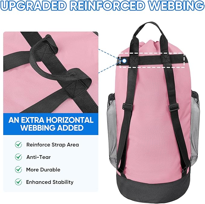BALEINE 150L Laundry Bag Backpack, 900D Oxford Fabric Large Travel Laundry Bags with Shoulder Straps and 2 Mesh Pockets for College Dorm, Apartment, Laundromat (Pink, 150L)