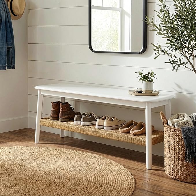 Alaterre Furniture Calais Entryway Bench with Storage Shelf - 48 Inch 2-Tier Storage Bench for Bedroom, Dining Room, Living Room, or Entryway - Wooden Entryway Furniture (White)
