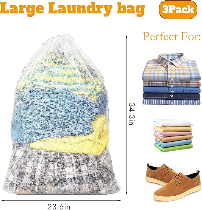 3 Pcs Mesh Laundry Bags Breathable Delicates Protect - Large Heavy for Protect Clothes in Washing Machine Travel Dorm Sports Family White 23 x 34 Inches