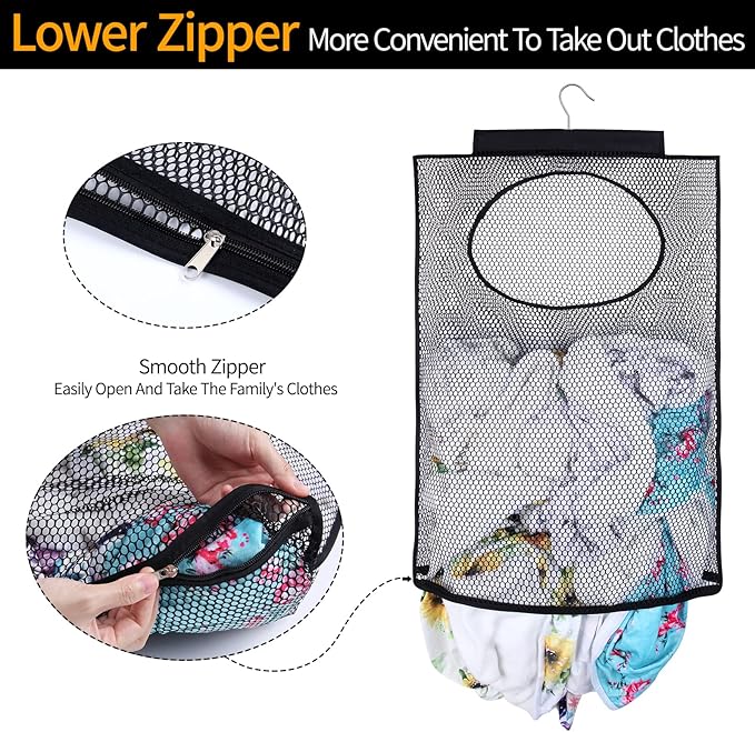 Breathable Mesh Laundry Hamper, Bringing Hooks Foldable Hanging Shower Caddy, Fast Drying Portable Space Saving Storage Bag, Applied to College Dorm Rooms, Gym, Swimming and RV Travel (Black)