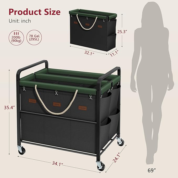 Tajsoon 295L Extra Large Laundry Sorter 6 Section, Heavy Duty Laundry Basket with Lockable Wheels, Laundry Cart with Sturdy Metal Frame, Leather Patchwork Laundry Separated with Removable Bags, Black