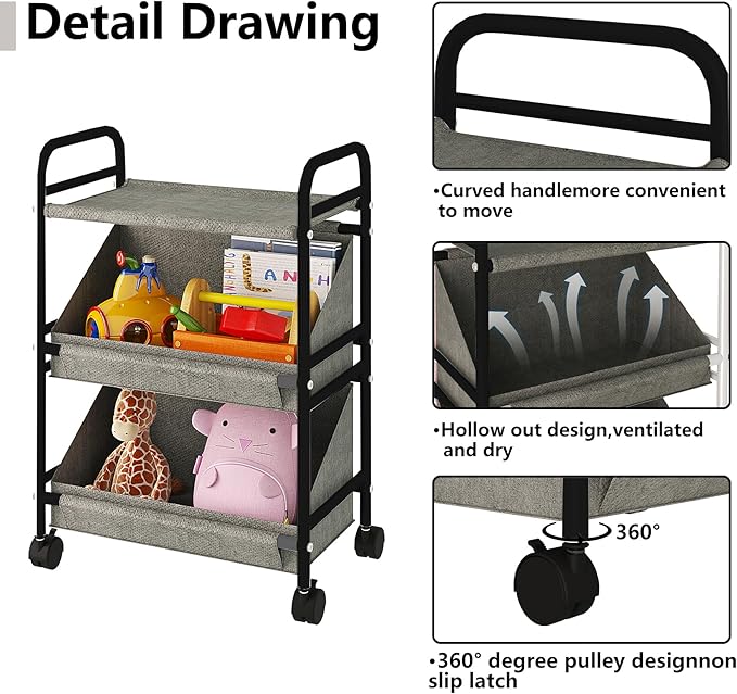 Buzowruil Utility Rolling Fabric Storage Rack Trolley Toy Rack Trolley with 2 Large Storage Boxes,Wheels, Suitable for Bedroom, Living Room, Entryway, Grey