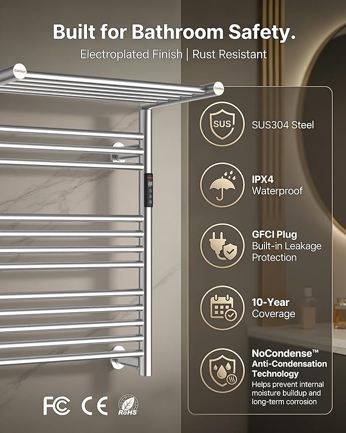 High-Density Foldable Heated Towel Rack, Smart Dual-Zone App/Voice Control Towel Warmer Rack, GFCI Plug-in/Hardwired, Wall-Mount, Drill-Free Install, Brushed, CA3-900X550-Ultra-S