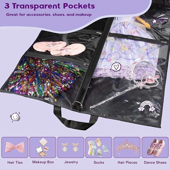 2Pack Dance Garment Bags for Dancers, 40" Garment Bags for Hanging Clothes with 3 Clear Zipper Pockets, Cheer Uniform Garment Bag for Suits, Travel & Sports Jersey, Cheer Uniform(Black, 2Pack 40")