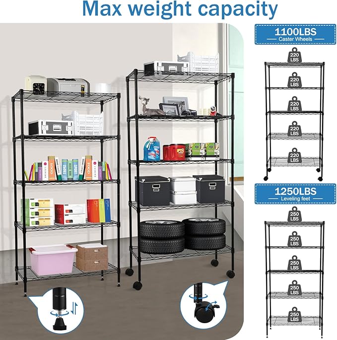YRLLENSDAN 5-Tier Heavy Duty Storage Shelving Unit, Metal Shelves for Garage, Pantry, Kitchen Organization – Adjustable Wire Rack Shelf Organizer, 60"x30"x14", 1250lbs, Black
