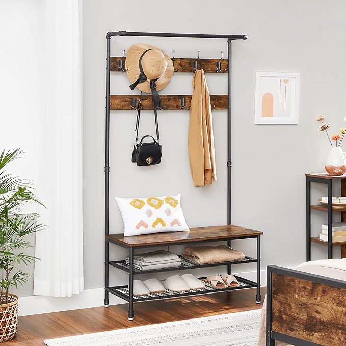 VASAGLE DAINTREE 3-in-1 Entryway Coat Rack and Storage Bench, Pipe Style Hall Tree with 9 Hooks, Multifunctional, Sturdy Steel Frame, Large Size, Industrial, Rustic Brown and Black UHSR47BX
