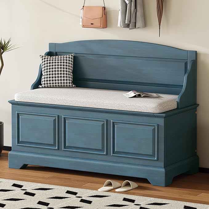 LUMISOL Shoe Storage Bench with Cushion, Farmhouse Entryway Bench with Soft-Close Devices and Hidden Storage, Upholstered Storage Ottoman for Living Room, Entryway, Bedroom, Antique Navy