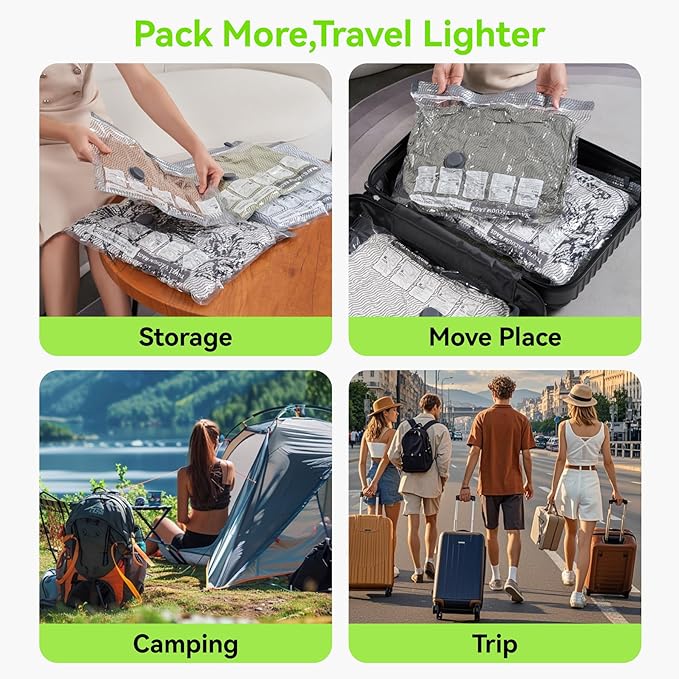 Vacuum Bags for Travel with USB and TYPE C Pump, 15 Pack Carry-on Size Compression Packing Bags for Luggage and Suitcase, Space Saver for Clothes and Clothing Travel（Green）