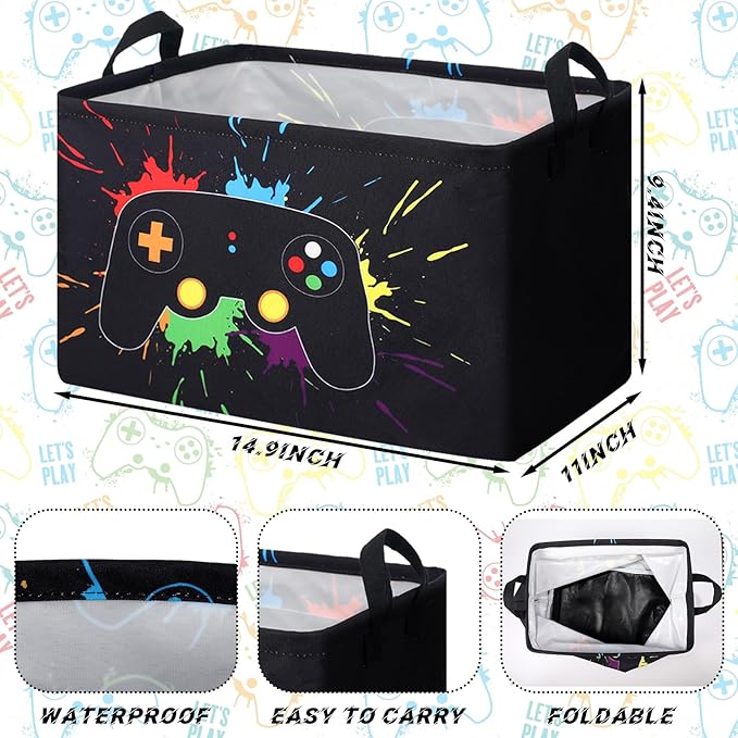 2 Pcs Rectangle Gamer Laundry Basket Hamper Foldable Kids Laundry Baskets Boys Hamper Waterproof Game Joystick Storage Basket Clothes Toys Organizer for Boys Bedroom Easter Gifts
