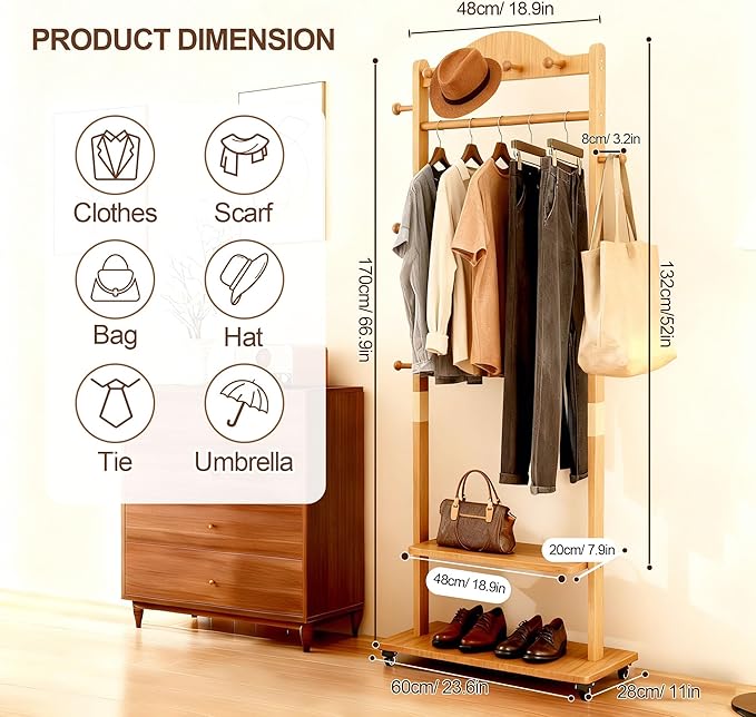 Coat Rack Freestanding Clothing Rack with Wheels - Heavy Duty Clothes Rack with 2 Shelves, Wooden Coat Hanger Stand with 4 Top Hooks & 5 Side Hooks for Entryway Hallway Living Room Office