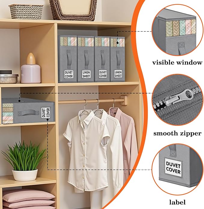WOWBOX Sheet Organizers and Storage,Closet Bed Sheet Organizer Under Bed Storage and Organization with Label Cards & Clear Window for Bedding Sheets,Duvet Covers,Blankets (6 Pack，Gray)