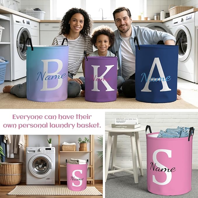 Custom Name Laundry Hamper, Personalized Laundry Basket with Name, Customized Dirty Clothes Storage Basket with Handles for Boys Girls Men Women Bathroom Bedroom(M)