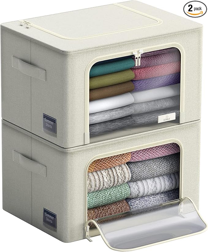 Sorbus Storage Bins with Metal Frame - Stackable & Foldable Clothes Organizer Bags - Oxford Fabric Storage Containers with Large Clear Window & Carry Handles Organization for Bedding Linen & Clothing