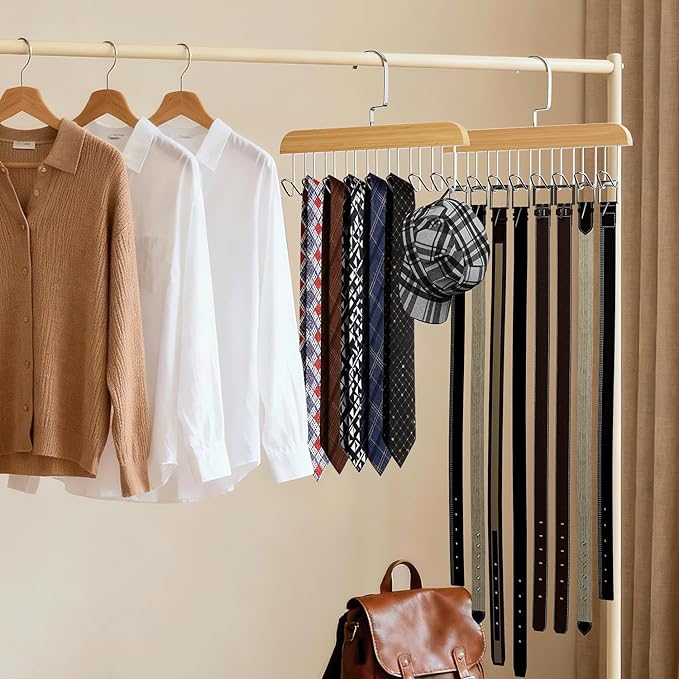 4 Pack Tie Hanger for Closet, Wooden Tie Rack Hangers for Men with 8 Hooks, Space Saving Tie Holder Organizer,Closet Storage for Ties,Belts,Bras,Scarves,Tank Tops