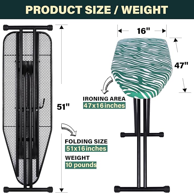 caius Ironing Board Full Size, Iron Board with Extra Thick Padded Cover, Height Adjustable, Easy to Fold, Full Metal Construction