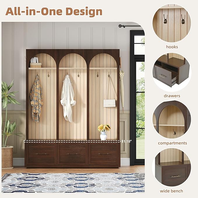 Merax Farmhouse Wood Hall Tree with Shoe Bench and 3 Drawers, 4-in-1 Coat Rack with 8 Hooks for Entrance, Hallway, Mudroom Dark Walnut