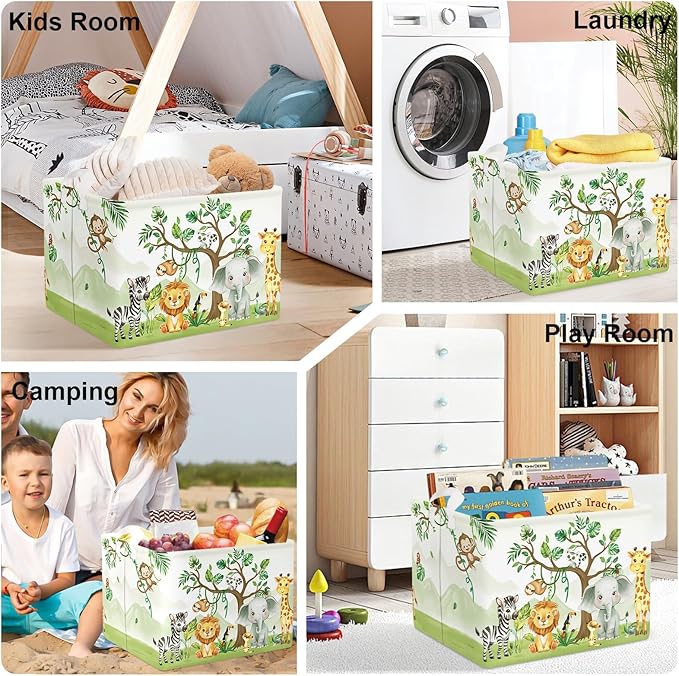 Forest Animals Laundry Hamper Woodland Tree Large Storage Basket Parents Organizer Kids Clothes Toy Bins for Bedroom, Bathroom, Elephant, 36L