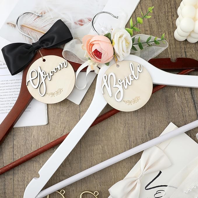 2 Pack Wedding Hanger Gift Bride Groom Bridal Hanger with Tags for Wedding Dress(Pink)