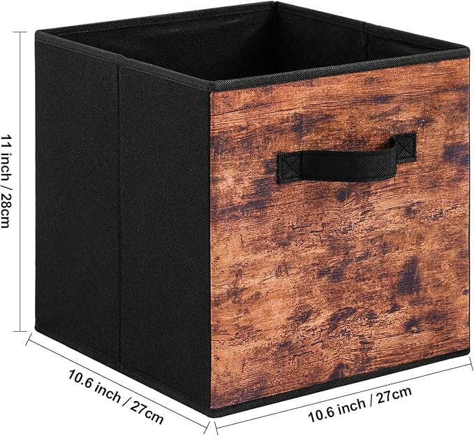 Stero Fabric Storage Cubes, 6 Pack Foldable Storage Bins with Handle, 11 Inch Box for Shelves, Closet, Organizer, Rustic Brown and Black