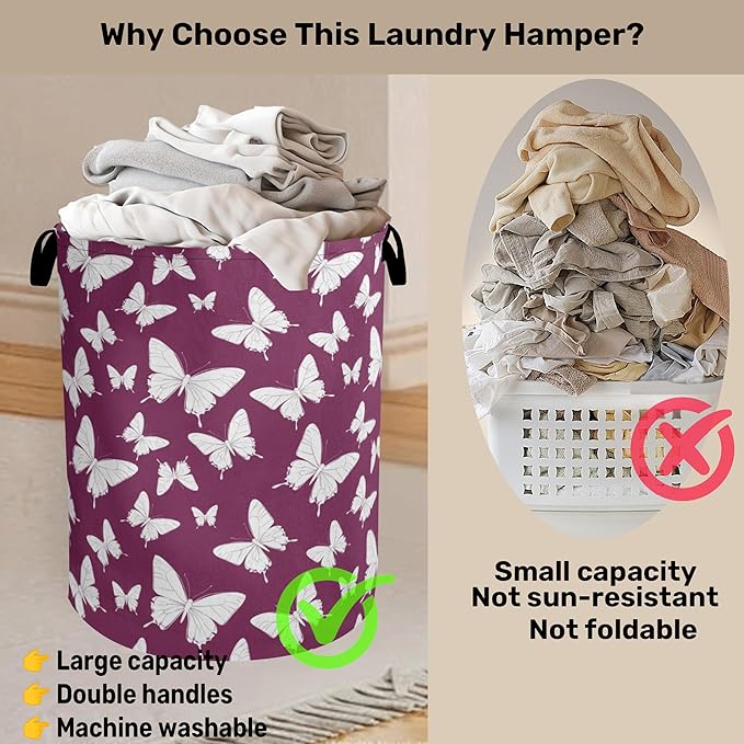 Purple Butterfly Silhouette Laundry Basket with Handles - Extra Large Foldable Hamper for Bathroom/Laundry/Bedroom/Dorm, Washable Fabric Storage Bin