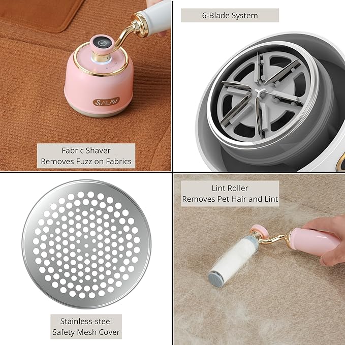 SALAV® Retro Edition 2-in-1 Rechargeable Fabric Shaver and Lint Roller, 6-Blade System, Removes Fuzz and Pilling on Fabrics, Includes Charging Cable (Rose)