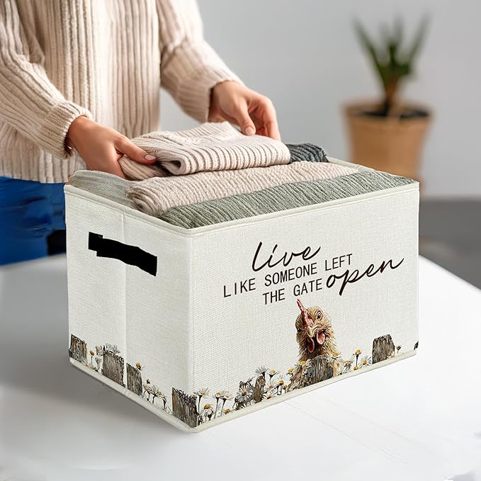 Rustic Chicken Storage Bins & Boxes with Handles, Farmhouse Chicken Foldable Basket for Organizing, Live Like Someone Left the Gate Open Collapsible Storage Basket for Bedroom Bathroom