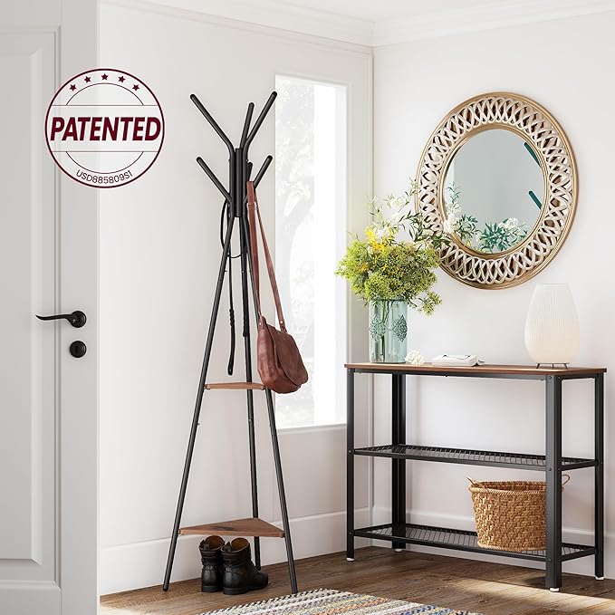 VASAGLE Coat Rack Freestanding, Coat Hanger Stand, Hall Tree with 2 Shelves, for Clothes, Hat, Bag, Industrial Style, Hazelnut Brown and Black