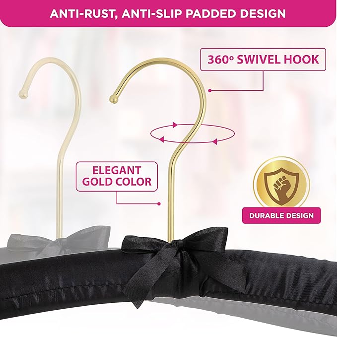 Premium Padded Hangers for Women’s Clothing - Set of 12 Non-Slip Fabric Hangers for Sweaters, Dresses, Coats, Wedding & Bride Hanger, Black