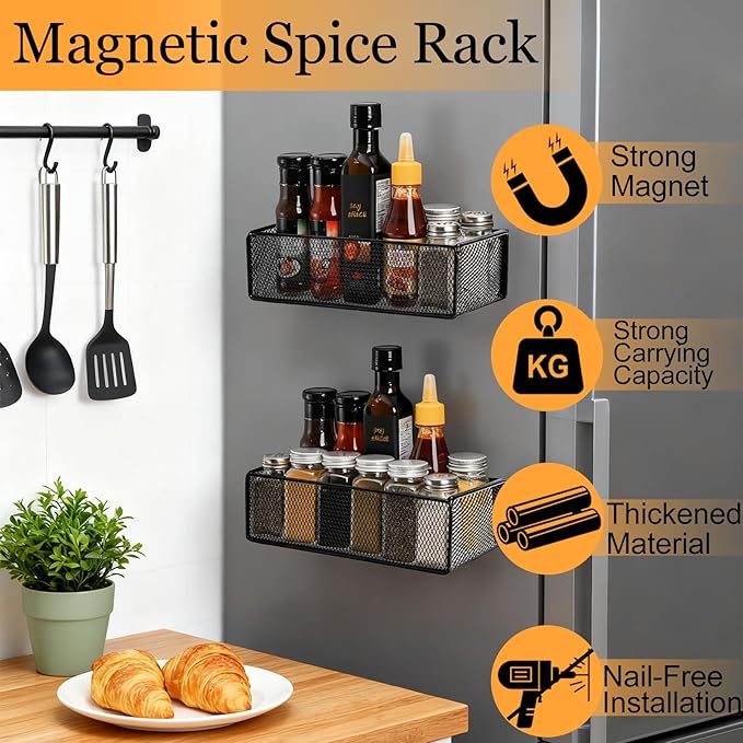 WUWEOT 2 Pack Magnetic Basket Fridge Side Organizers, Strong Magnetic Spice Rack, Metal Wire Mesh Shelf for Refrigerator, Kitchen Counter, Cabinet and Oven