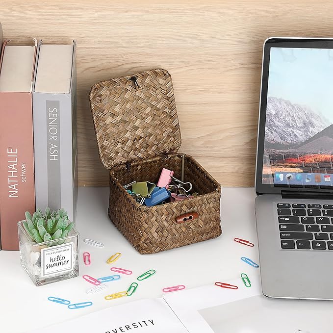 Seagrass Basket with Lid Natural Seagrass Storage Box Square Handwoven Basket Box for Shelf Multipurpose Desktop Organizer Bin for Key Candy, 4.7" x 2.7"