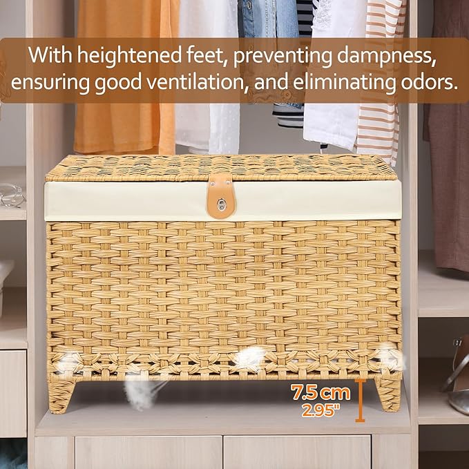 Wicker Storage Basket with Lid,Rattan Shelf Basket with Removable Liner Bag,200L Storage Bin,Storage Trunk with Heightened Feet,Storage Container for Wardrobe,Home Organizer