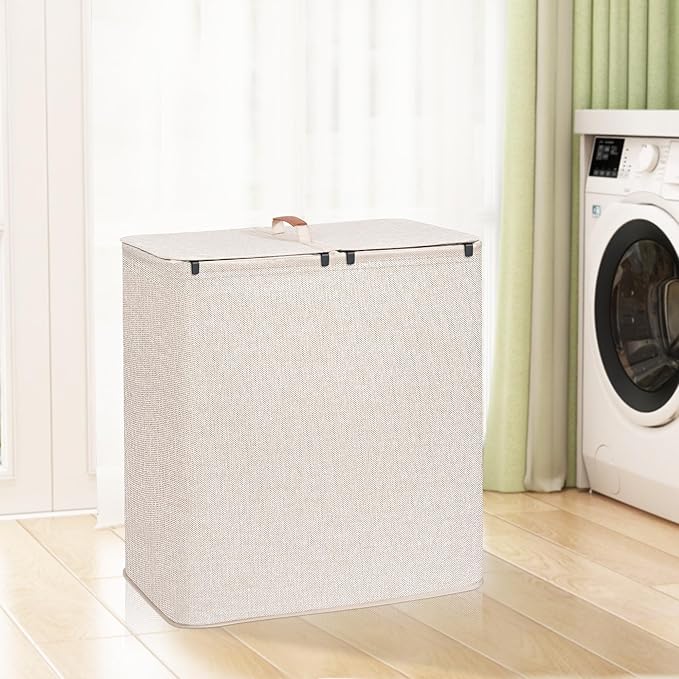 STORAGE MANIAC Double Laundry Hamper, 136L Laundry Sorter with Lid and Removable Bags, Clothes Hamper, Large 2 Section Clothes Basket with Handles for Small Space, Dorm, Closet, Bathroom, Beige