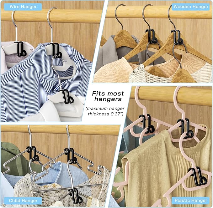 Tinfol Hanger Connector Hooks, 50pc Black Space Saving Hooks for Closet Organizers,Heavy Duty Clothes Hanger Extender Clips for Hangers