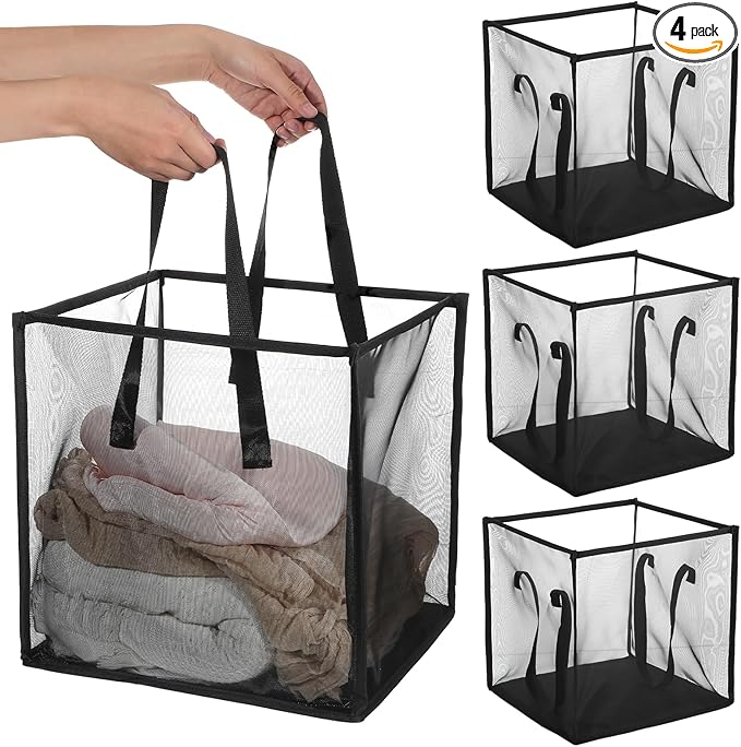4 Pack Popup Laundry Hamper 13 Inch Collapsible Laundry Baskets with Handles Mesh Clothes Baskets Portable Single Layer Foldable Clothes Hamper Square Bin for Washing, Toy Storage(Black)