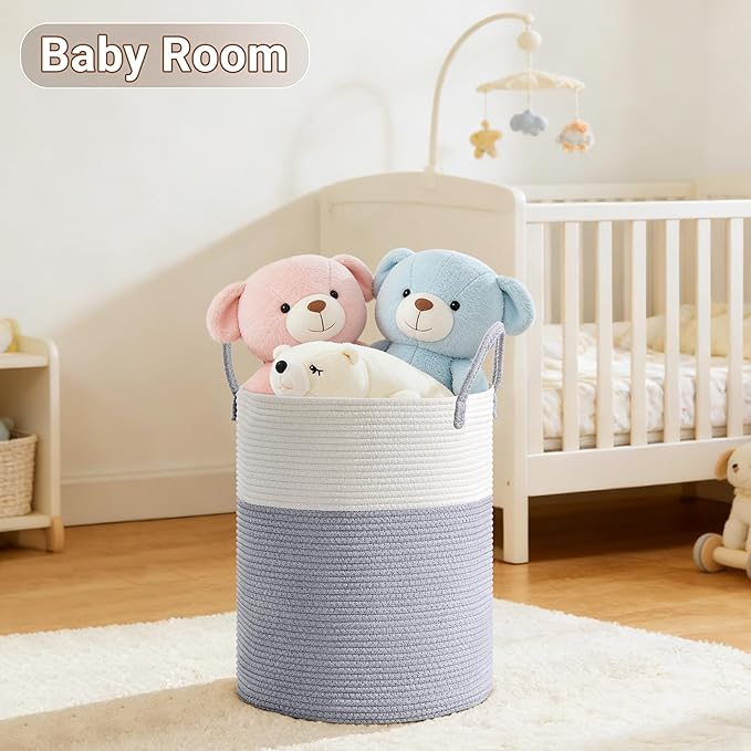 Tall Laundry Basket with Handles, 58L Portable Dirty Clothes Hamper, Boho Cotton Rope Storage Bin for Blankets Kids Toys Gifts, Decorative Organizer for Baby Nursery Bedroom Bathroom, Grey