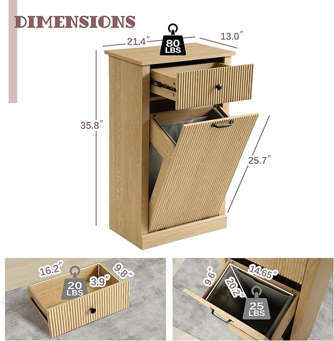 Modern Tilt Out Laundry Hamper Cabinet, Fluted Hidden Garbage Cabinet with Laundry Storage Basket, Wooden Trash Can Cabinets with Drawer (Natural Oak, 13"D x 21"W x 36"H (Single))