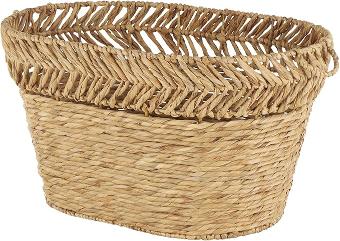 Deco 79 Seagrass Handmade Decorative and Functional Storage Basket Large Woven Oval Basket Organizer with Zig Zag Patterned Rim, Basket for Storage 30" x 20" x 17", Brown