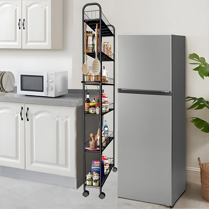 6in 6 Tier Slim Storage Cart with Wheels, Black Narrow Space Rolling Shelving Unit with Handle, Metal Wire Mobile Organizer Rack for Kitchen Bathroom Office Laundry