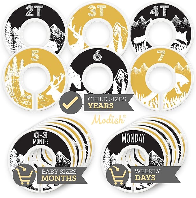 Kids Clothes Closet Organization, Hanging Size Dividers: Months & Years, Baby Toddler Children Girl Boy Neutral Black Yellow Woodland Animal Outdoor Mountain Forest Safari Explorer Nursery Room Décor