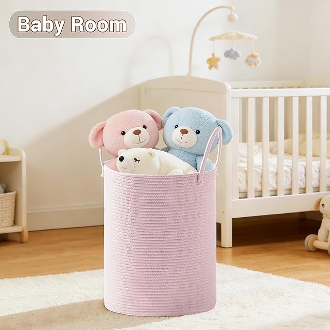 Girls' Tall Laundry Basket with Handles, 53L Portable Dirty Clothes Hamper, Boho Cotton Rope Storage Bin for Blankets Kids Toys Gifts, Decorative Organizer for Nursery Bedroom Bathroom, Pink