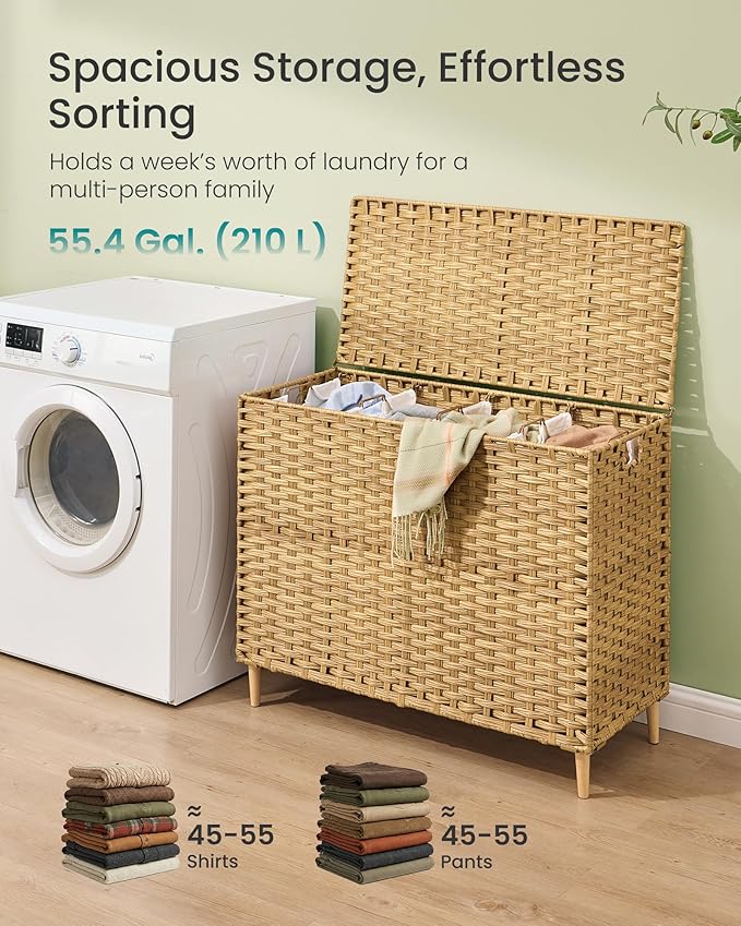 SONGMICS Laundry Hamper with Lid, 55.4 Gal. (210 L) PE Rattan Laundry Basket with Lid and Handles, Natural Material,Removable Machine Washable Liner, Goose Yellow ULCB224YE01