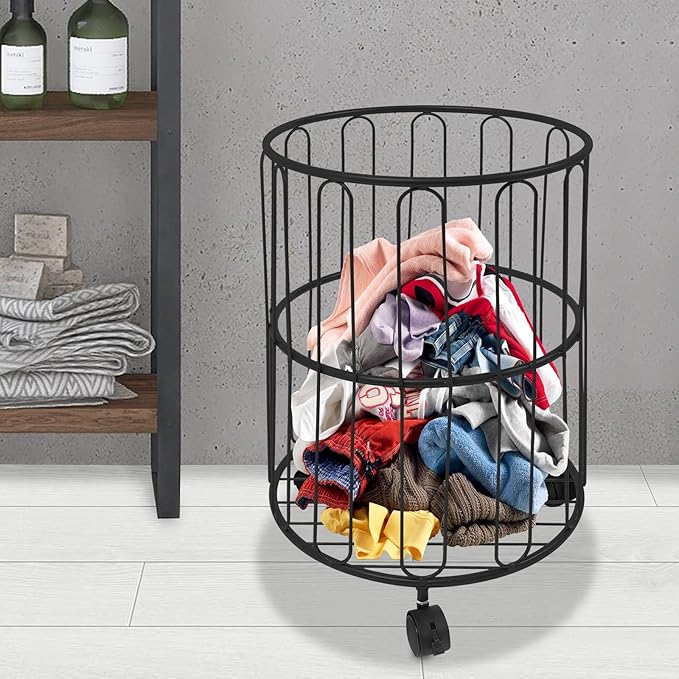 Rolling Laundry Cart Round Metal Laundry Basket,Storage Organize Hamper Basket for Closet Living Room Bathroom (Black)