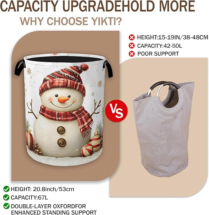 Christmas Snowman Laundry Hamper,Gold Snowflake Ornaments Clothes Hamper for Laundry,Waterproof Oxford Toy Storage Collapsible Hampers for Bedroom, Dorm Room,Bathroom,16x20 Inch