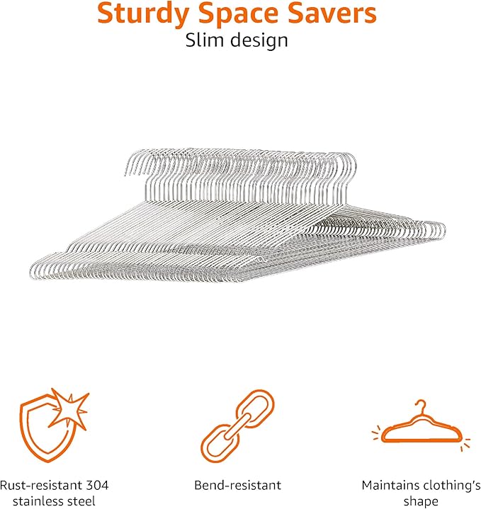Amazon Basics Stainless Steel Clothes Hangers for Shirts, Suits, Dresses and Jackets, Silver, 50-Pack