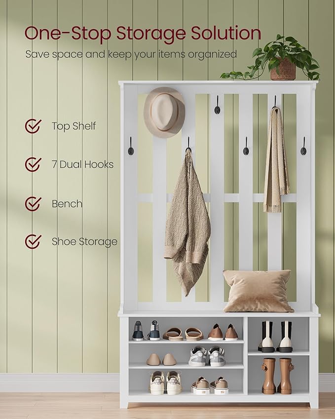 VASAGLE Hall Tree with Bench and Shoe Storage, Coat Rack with Shoe Bench, 7 Double Hooks for Jackets, Hats, Entryway, Bedroom, Living Room, 13.8 x 31.9 x 70.9 Inches, Matte White UHSR414WB01S