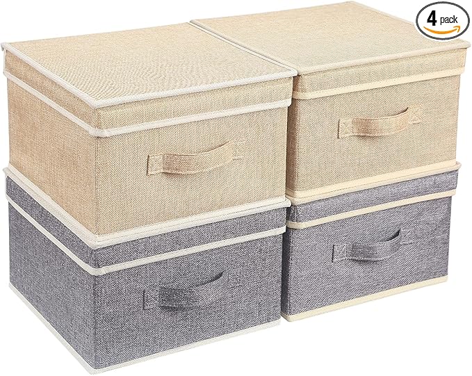Storage Bins with Lid, Foldable Clothing Storage Box case with Handle for Closet, Bedroom, Home, Gray+Apricot, 13L x 12.5W x 7H inch