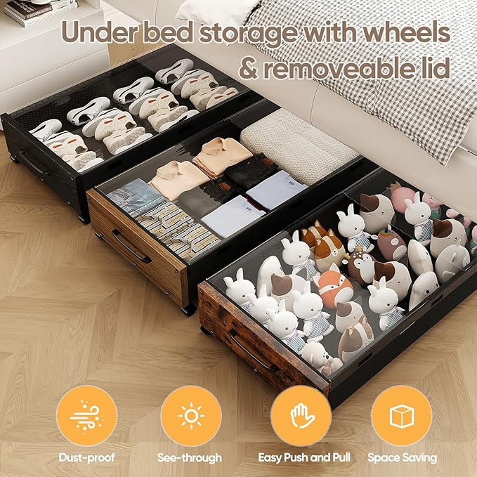KITHELP Wooden Under Bed Storage with Wheels, Rolling Under the Bed Storage Bins with Removable Lid, Metal Under Bed Drawers for Clothes and Shoes in Bedroom or Living Room(Black Wood-2pack)