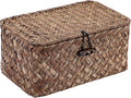 Handwoven Seagrass Basket Wicker Shelf Basket with Lid Rectangular Multipurpose Desktop Organizer Bin for Key Remote Control, Small,7.0" x 4.3" x 3.3"