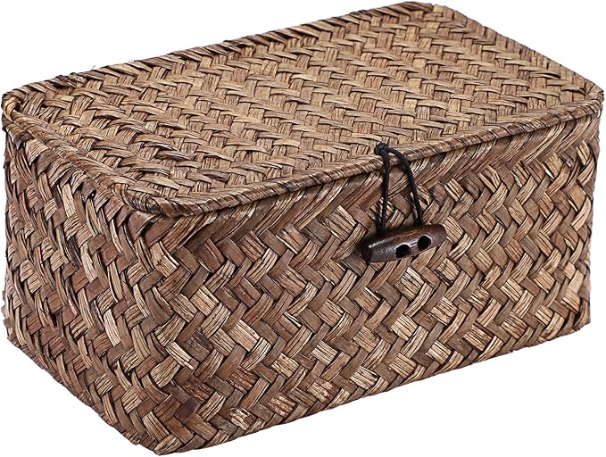 Handwoven Seagrass Basket Wicker Shelf Basket with Lid Rectangular Multipurpose Desktop Organizer Bin for Key Remote Control, Small,7.0" x 4.3" x 3.3"