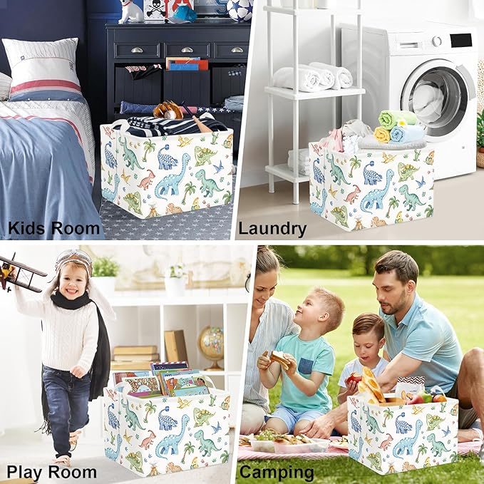 Clastyle Boho Dinosaur Laundry Basket Palm Tree Kids Clothes Book Storage Basket Gift Toy Box for Bedroom Decor,Pterosaur,40x30x30 cm